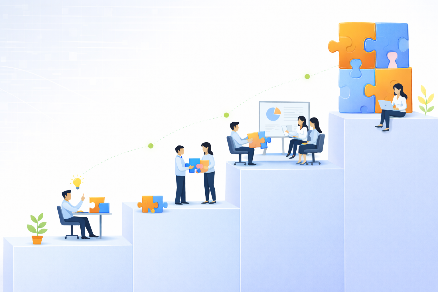 段階的にパズルを組み上げていくITイメージ